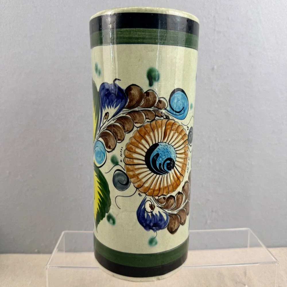 Vintage‎ Tonala Mexican Art Pottery Tall Cylinder Vase Hand Painted Floral 10.5